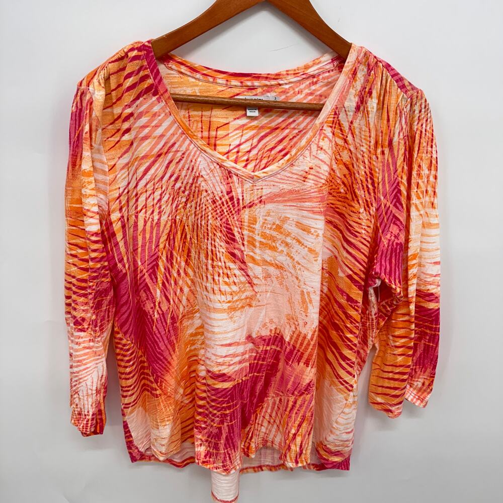 CHICO'S Palm Print 3/4 Tee Pink Orange Shirt // XL